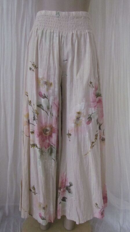 Beige Linen Floral Wide Leg Pants