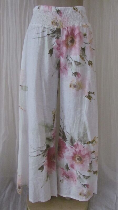 White Linen Floral Wide Leg Pants
