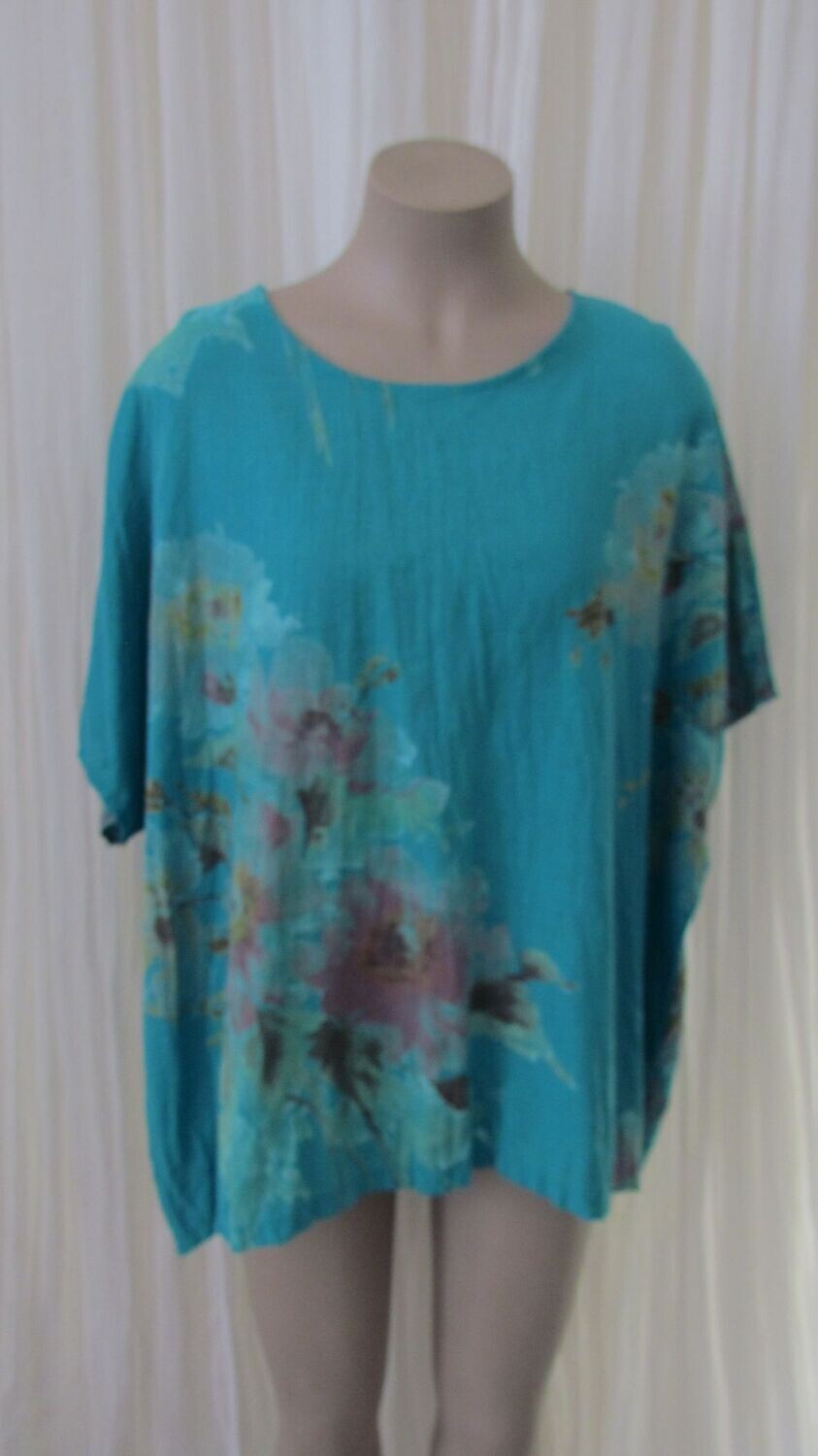 Aqua Floral Linen Slouch Top