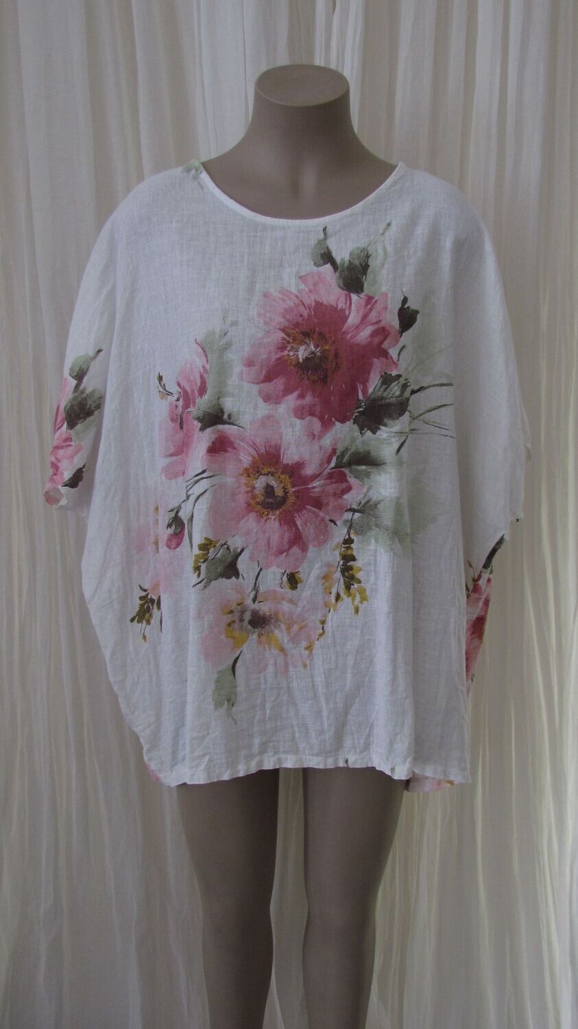 White Floral Linen Slouch Top