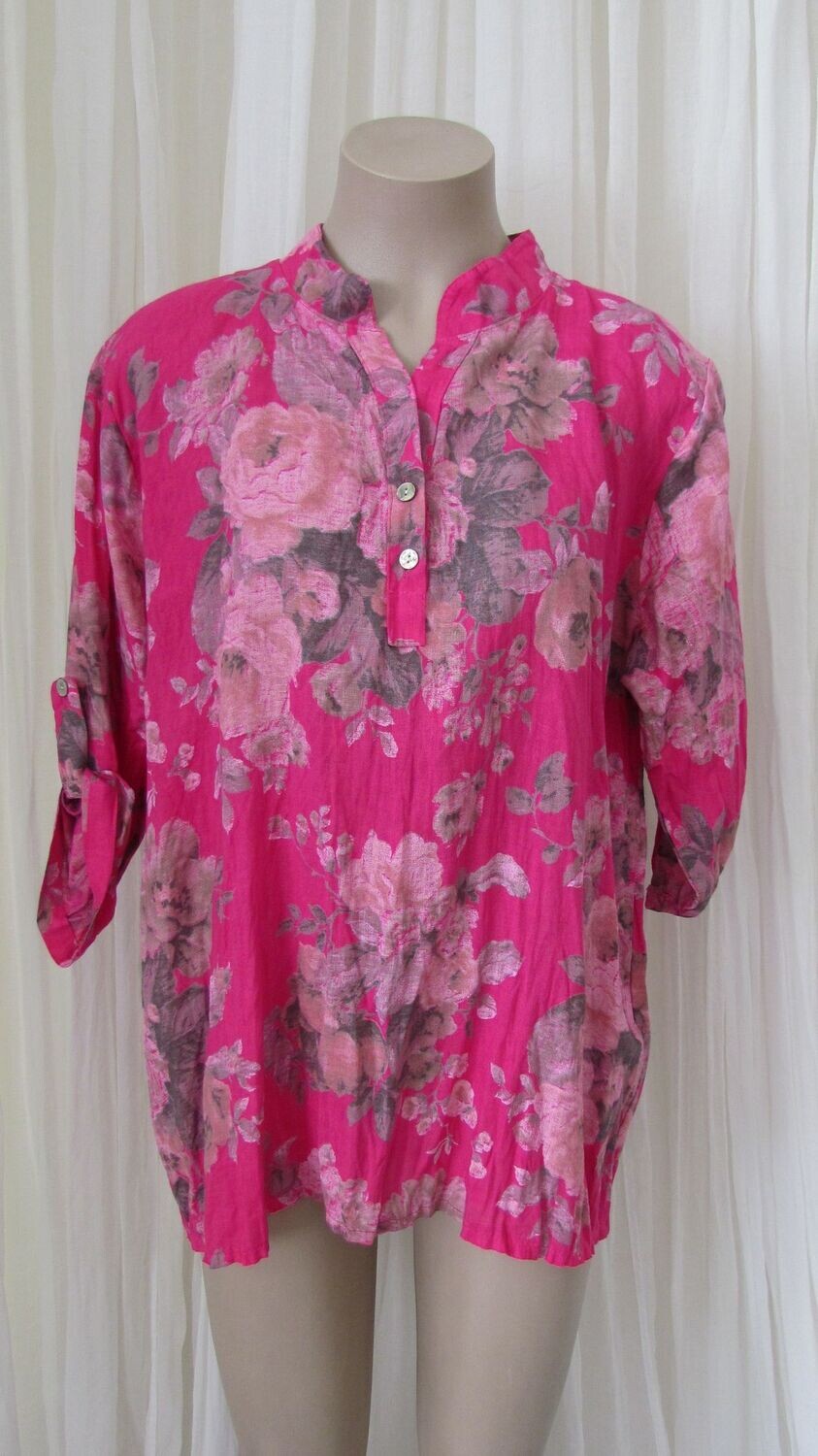 Fuchsia Floral Linen Button Down Top