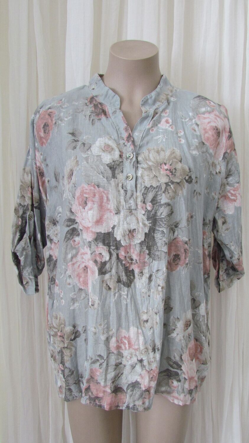 Silver Floral Linen Button Down Top
