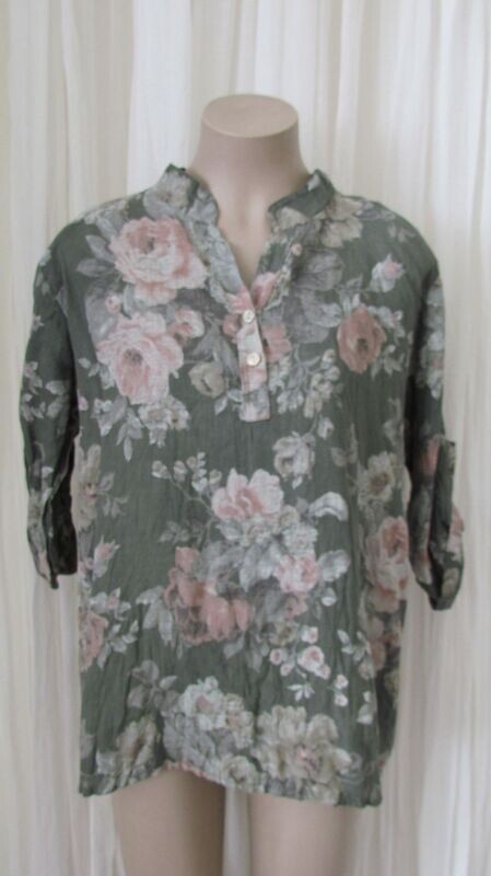 Khaki Floral Linen Button Down Top