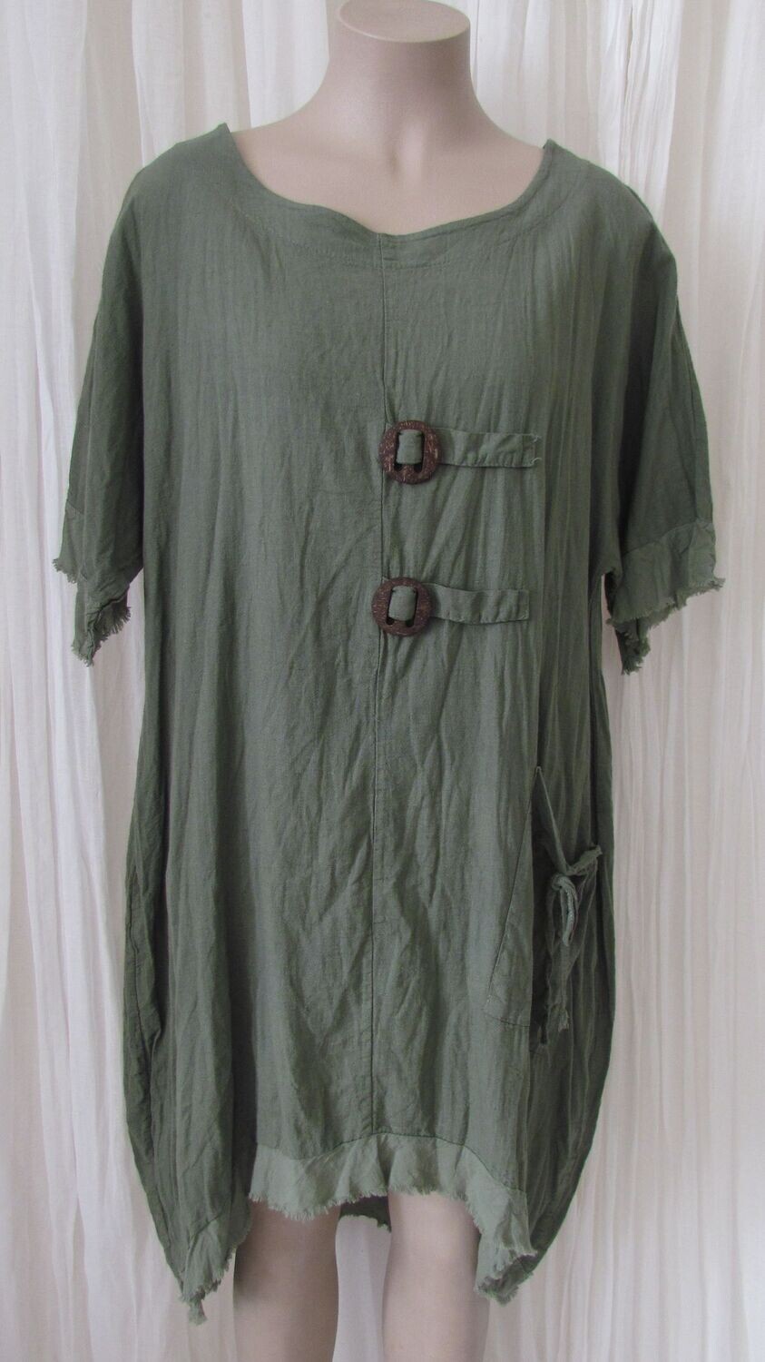 Khaki Linen Raw Edge hi lo Baggy Dress