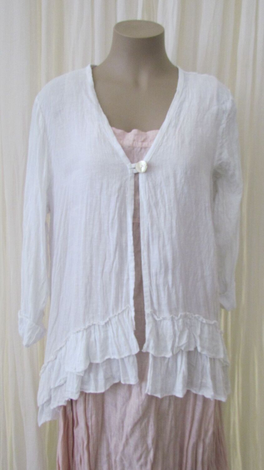 White Linen open front Ruffled Jacket