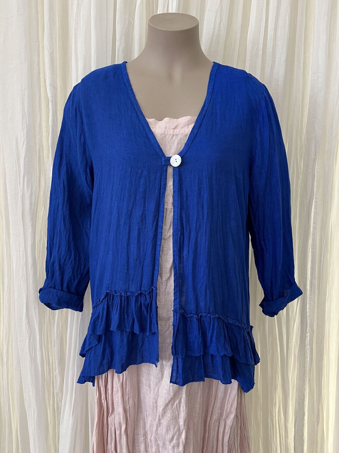 Royal Blue Linen open front Ruffled Jacket