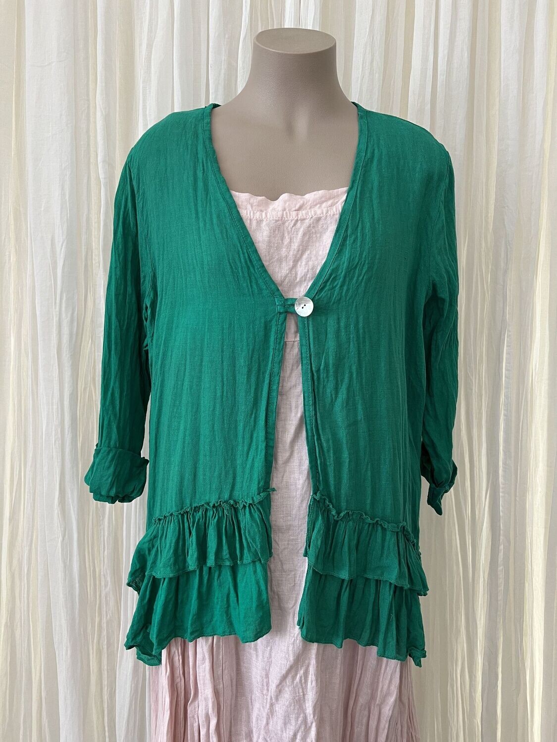 Green Linen open front Ruffled Jacket