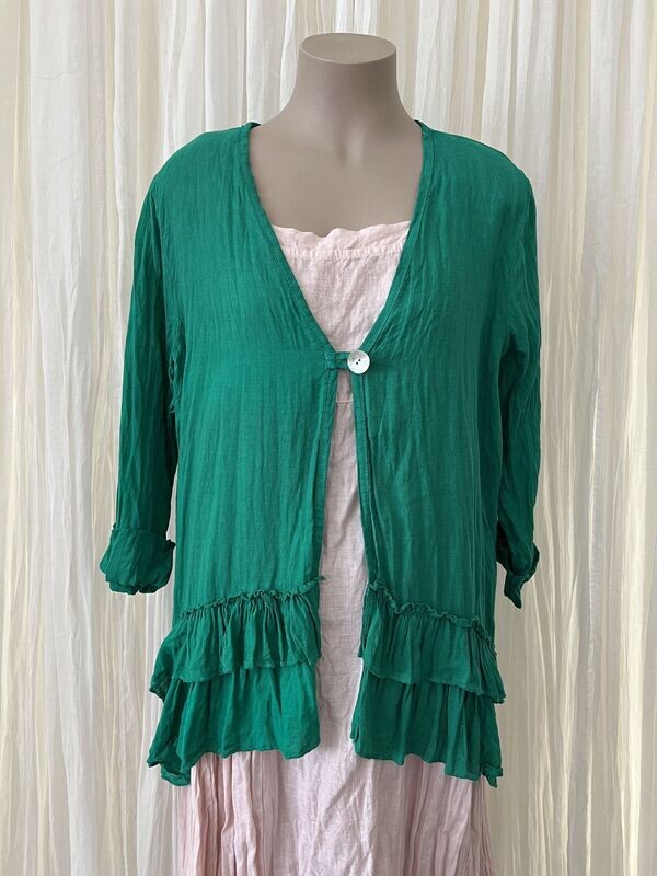 Green Linen open front Ruffled Jacket Green Linen open front Ruffled Jacket