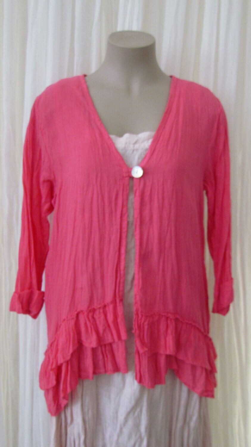 Fuchsia Linen open front Ruffled Jacket