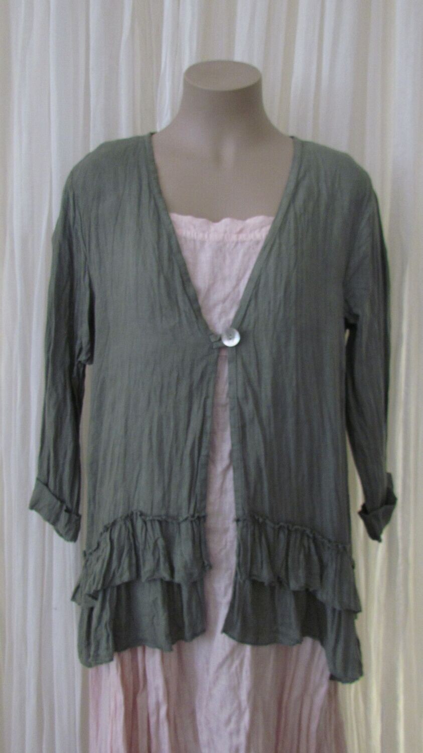 Khaki Linen open front Ruffled Jacket