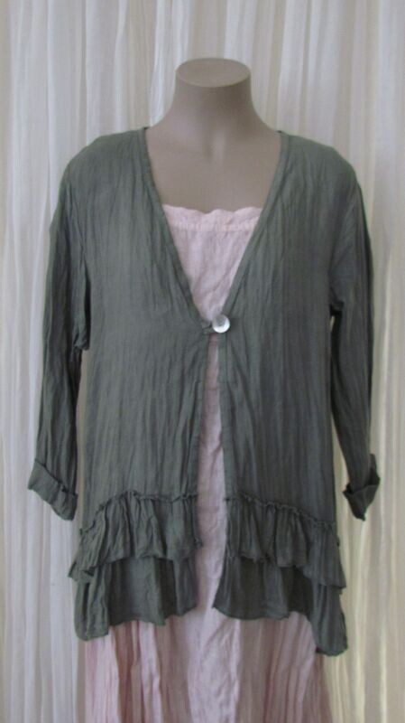 Khaki Linen open front Ruffled Jacket Khaki Linen open front Ruffled Jacket