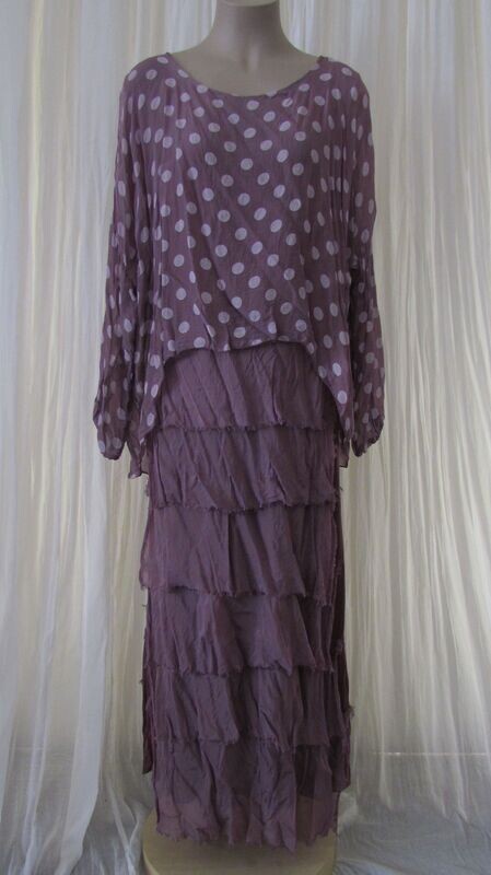 Lilac Polkadot Tiered Silk Dress with attached Top