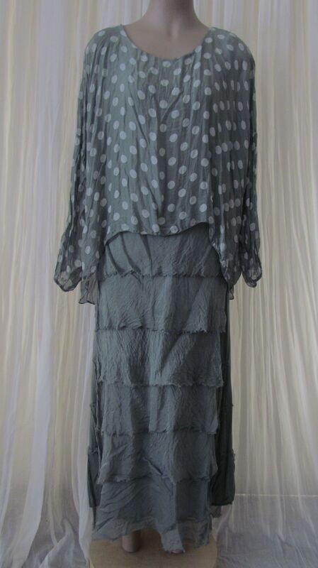 Khaki Polkadot Tiered Silk Dress with attached Top