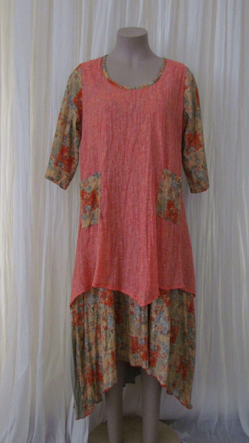 Orange/Green Linen Layered Dress