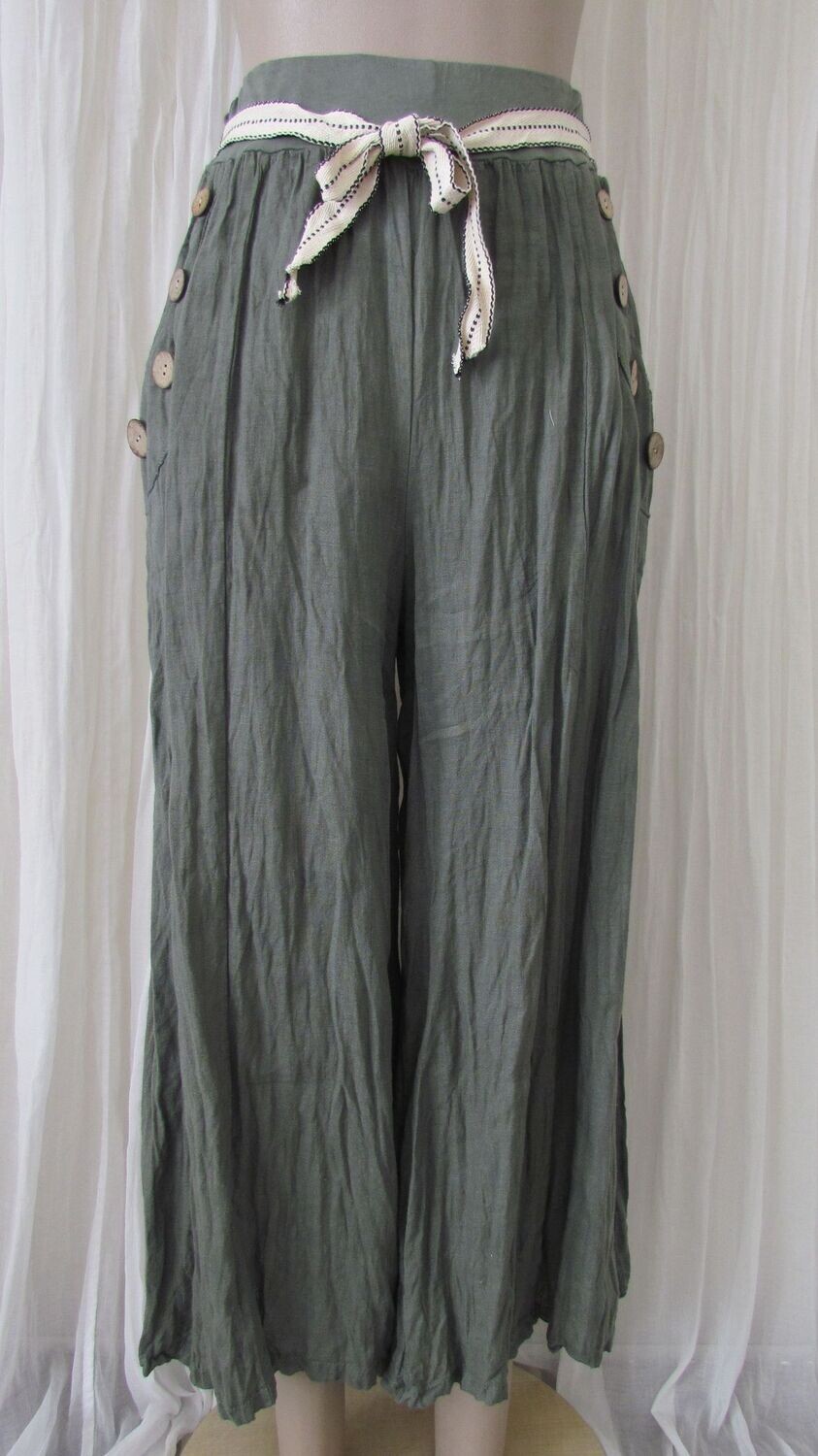 Khaki Linen Wide Leg Trousers