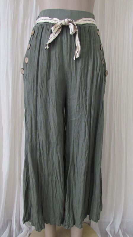 Khaki Linen Wide Leg Trousers