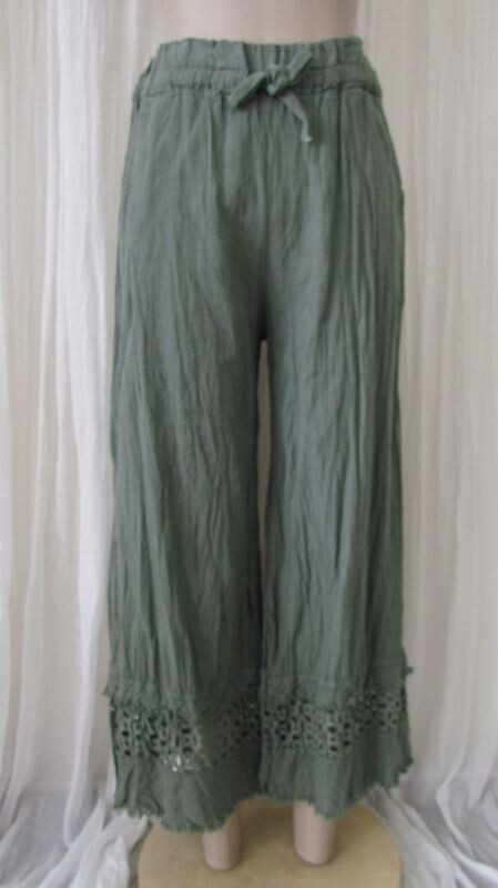 Khaki Linen Wide Leg Crochet Net Button Pants