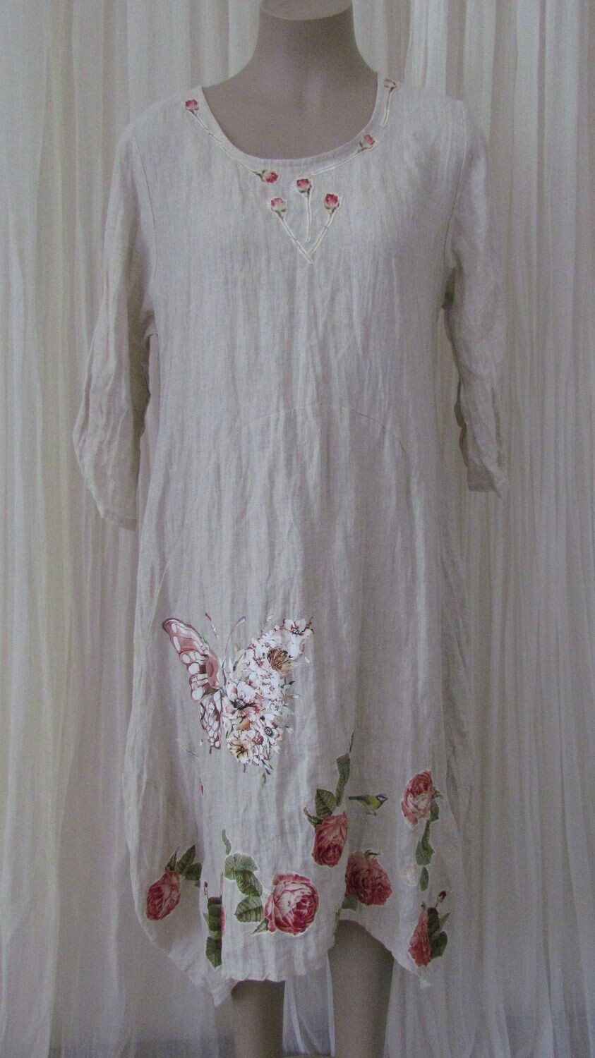 Natural Linen Applique Pink Rose Dress