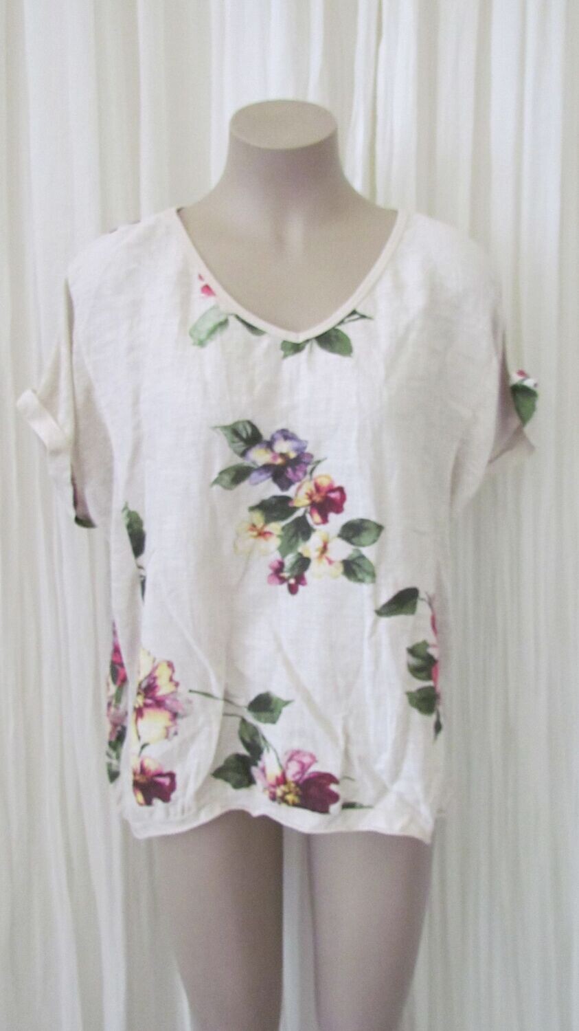 Beige Floral Linen Crop Hi Lo Top