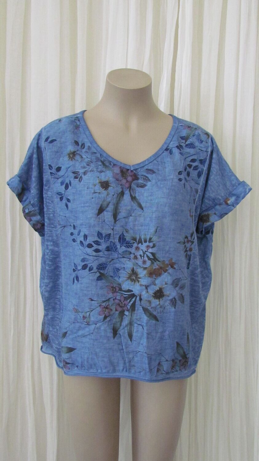 Denim Floral Linen Crop Hi Lo Top