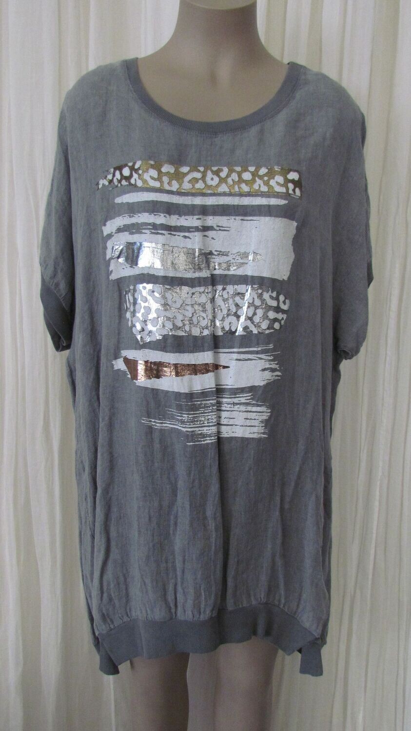 Grey Foil Leopard Linen Top