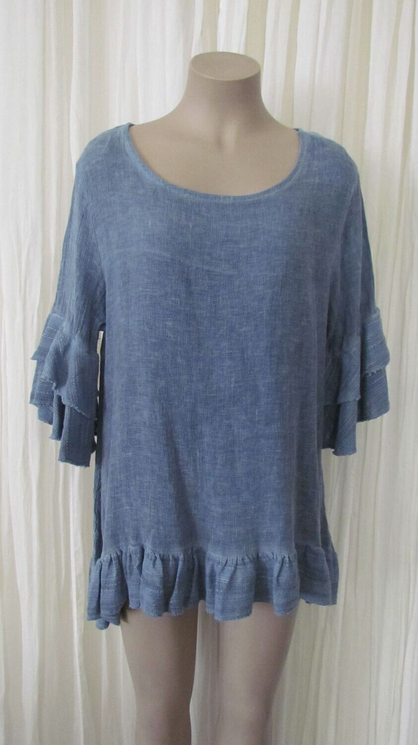 Navy Linen Flounce  Top