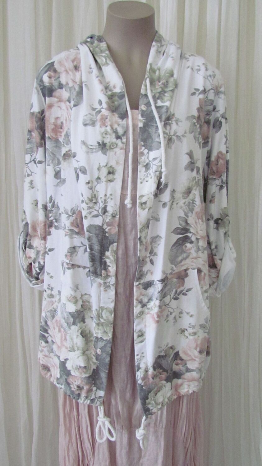 White floral hooded draw string jacket