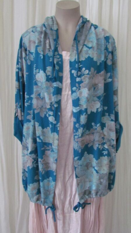 Denim blue floral hooded draw string Jacket