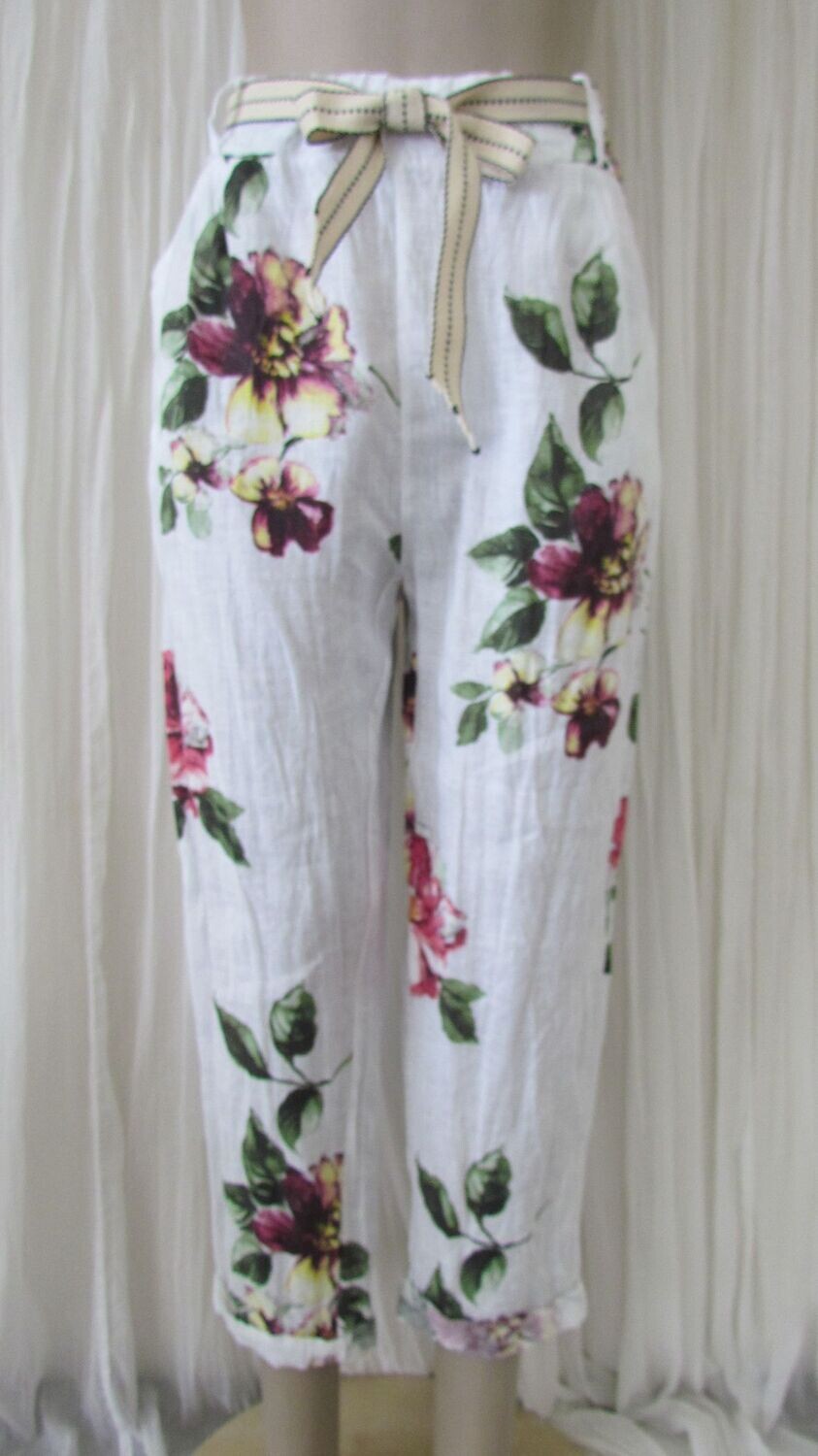 White Floral Linen Pants