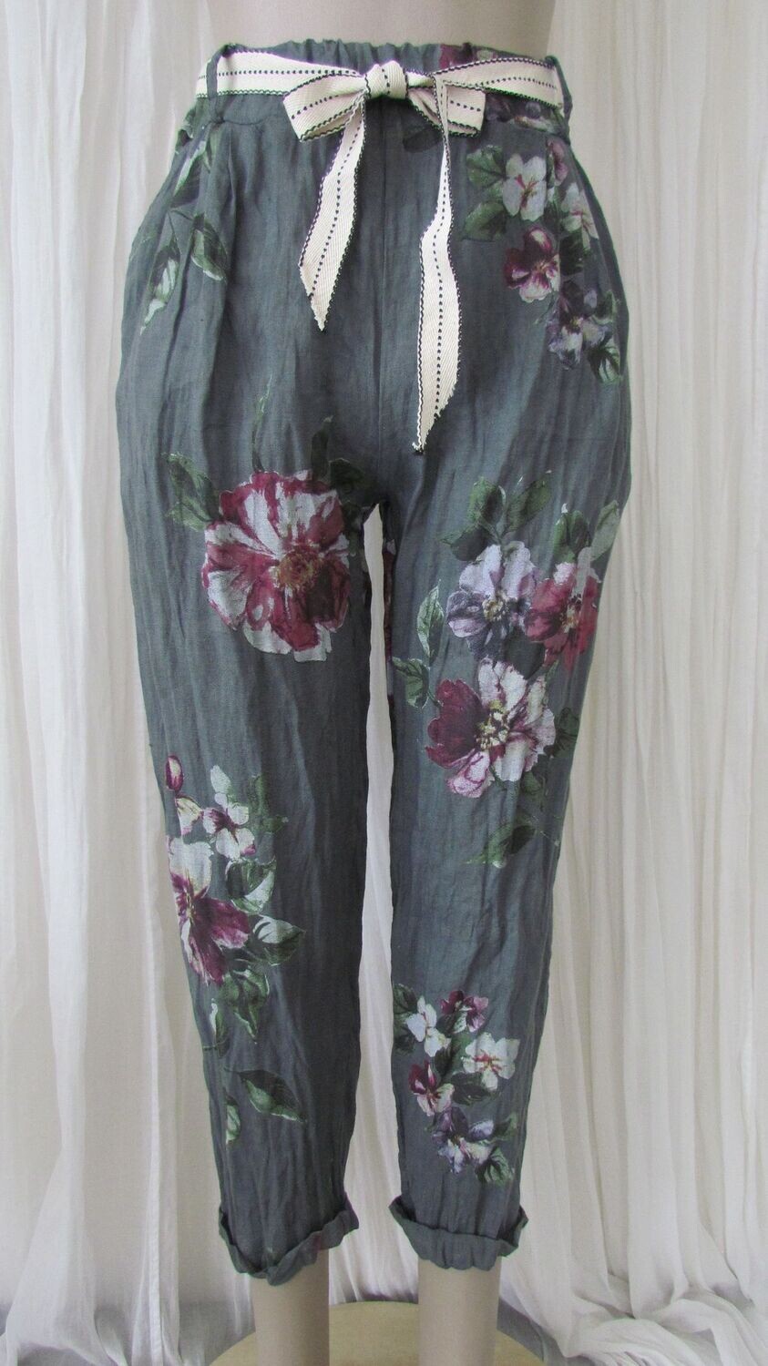 Charcoal Floral Linen Pants