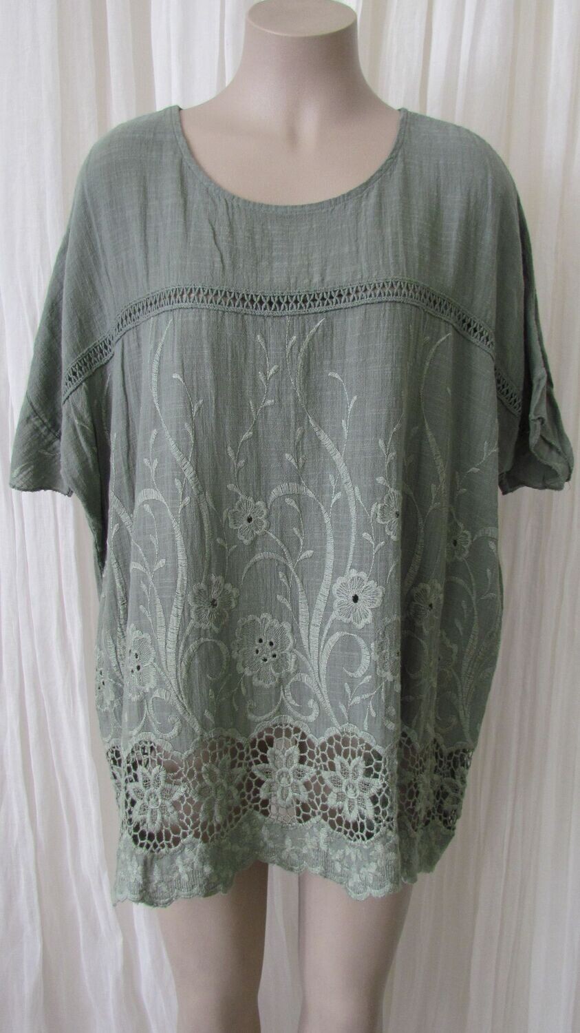 Khaki Embroided Crochet Cotton Top