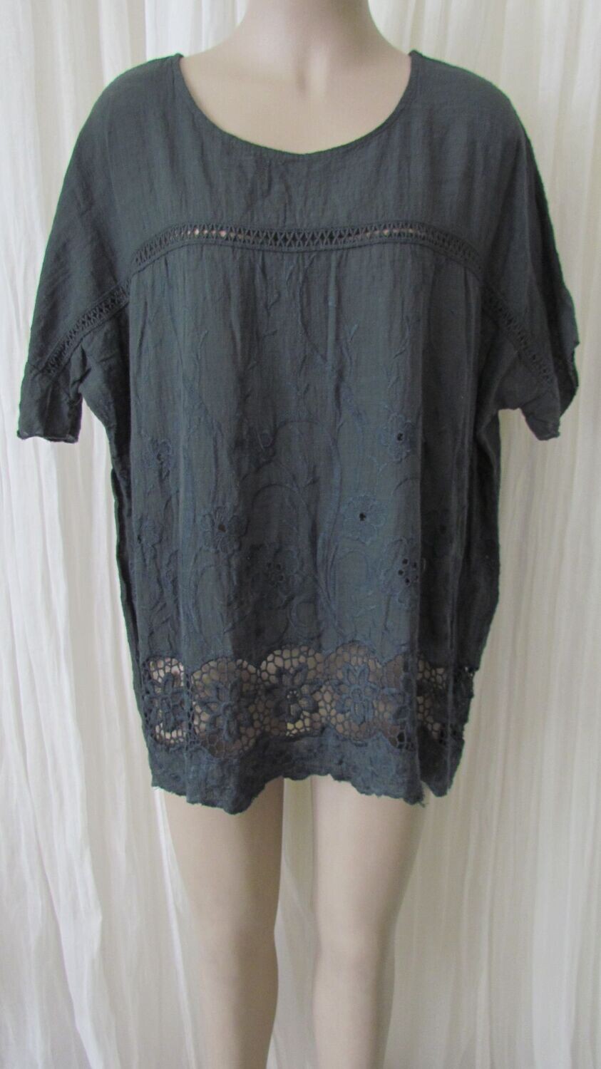 Charcoal Embroided Crochet Cotton Top