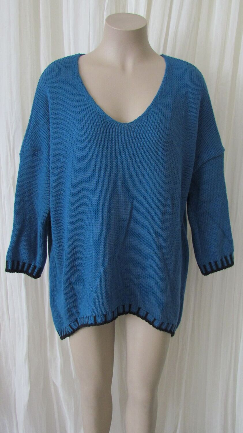 Teal V Neck Blanket Stitch Knit Wool Jumper