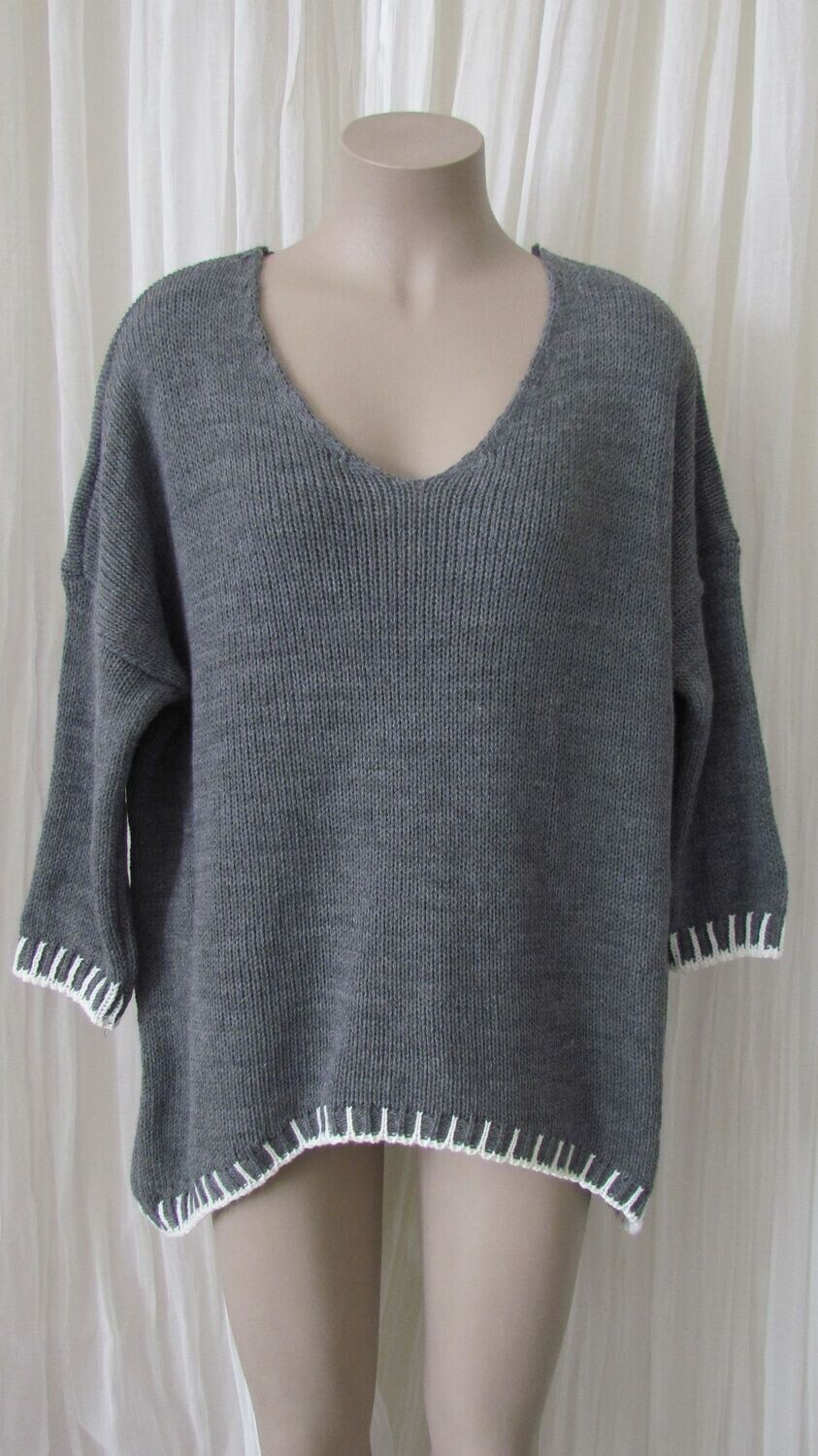 Dark Grey V Neck Blanket Stitch Knit Wool Jumper