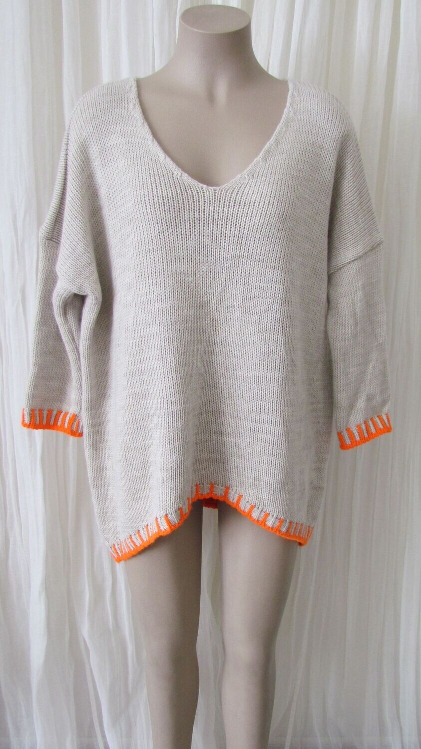 Beige V Neck Blanket Stitch Knit Wool Jumper