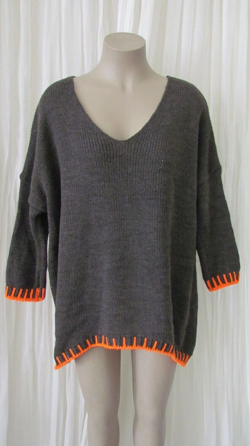 Chocolate V Neck Blanket Stitch Knit Wool Jumper
