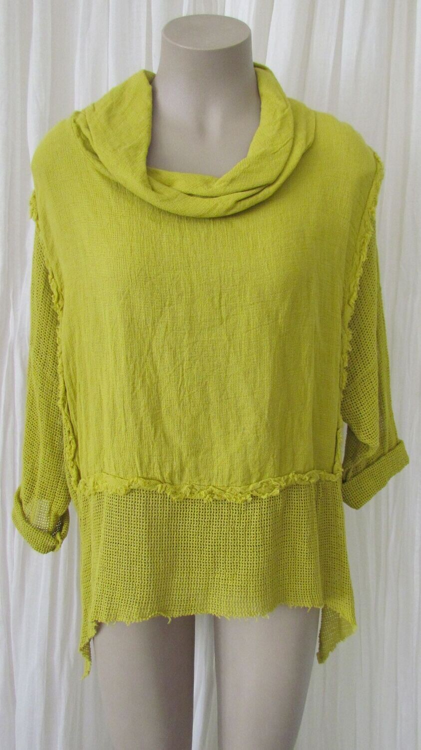 Mustard Mesh Raw Edge Cowl Neck Top