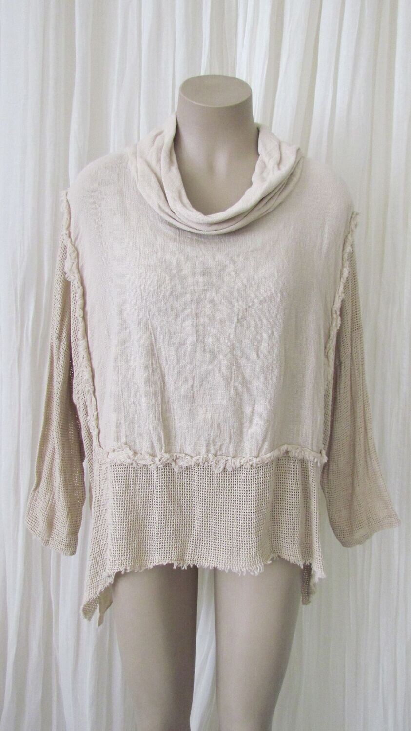 Beige Mesh Raw Edge Cowl Neck Top