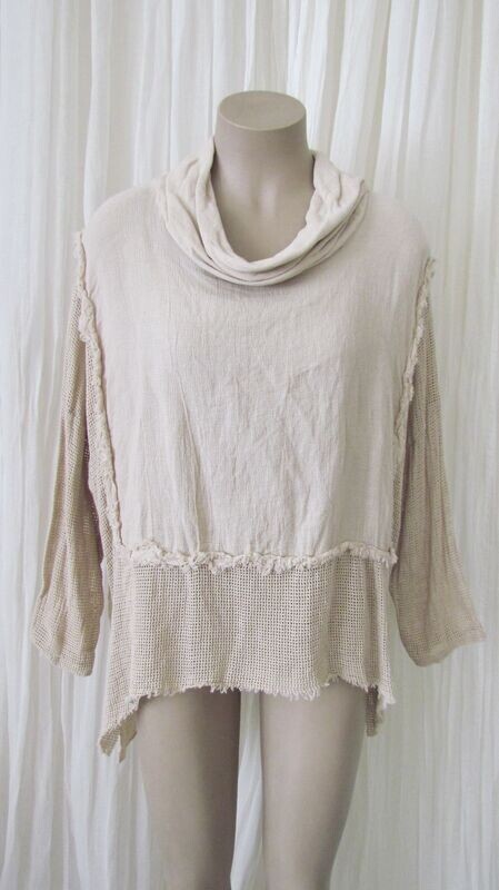 Beige Mesh Raw Edge Cowl Neck Top Beige Mesh Raw Edge Cowl Neck Top