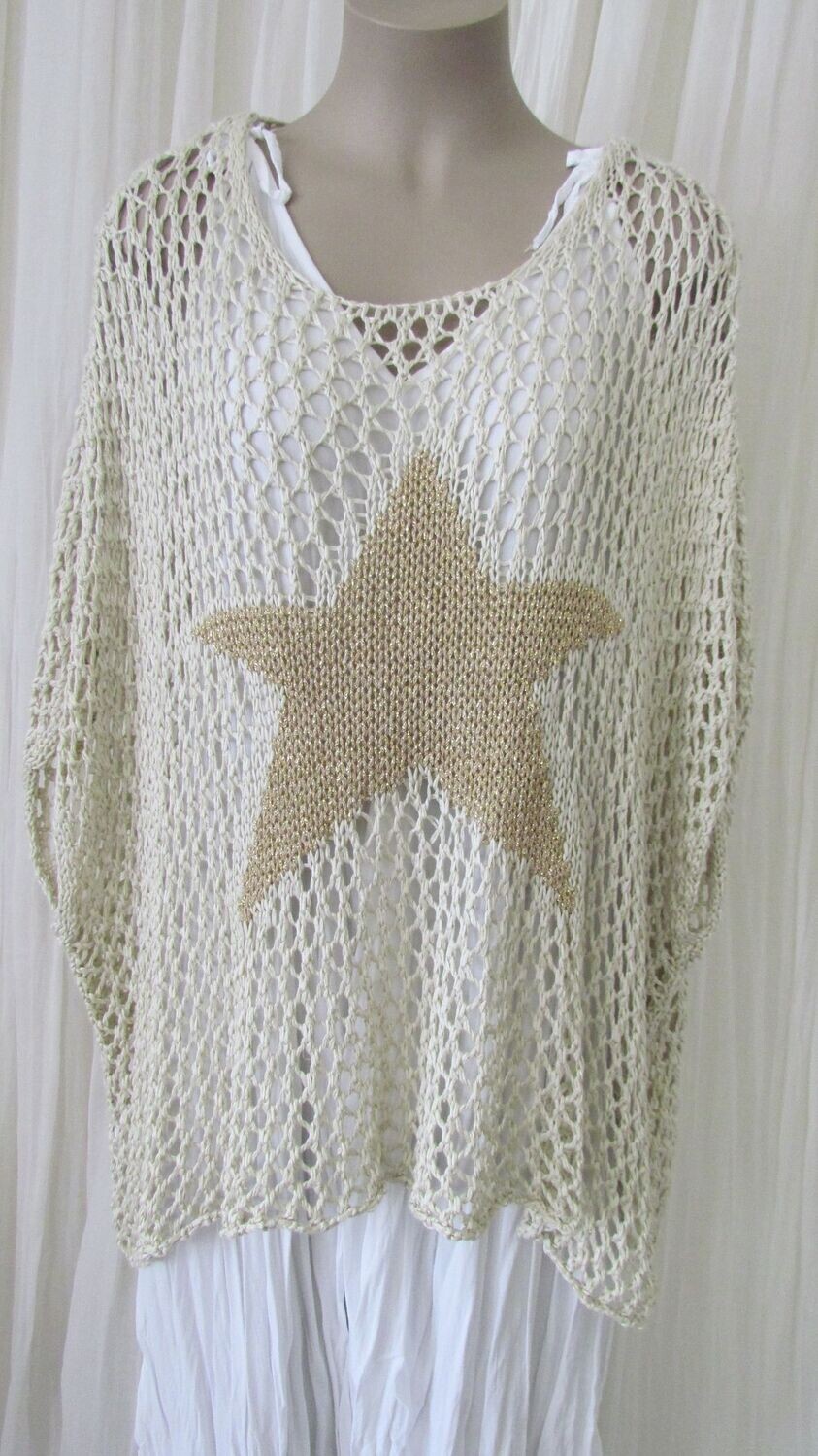 Beige Star Knit Crochet Cotton Top