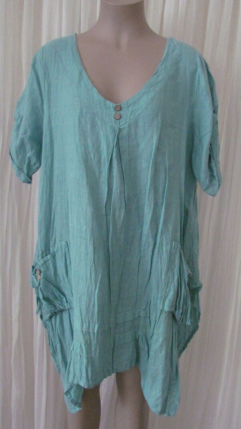 Aqua Linen Button Top
