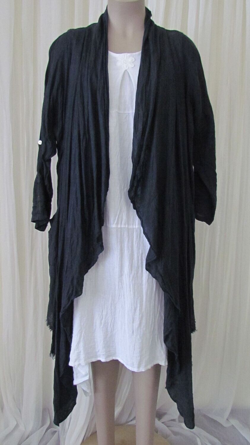 Navy Linen Open Front Jacket