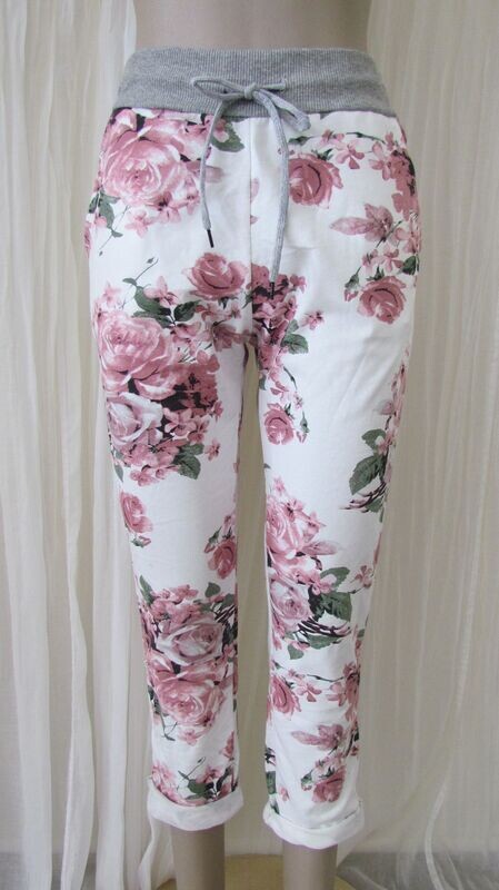 White & Pink Rose Floral Pants