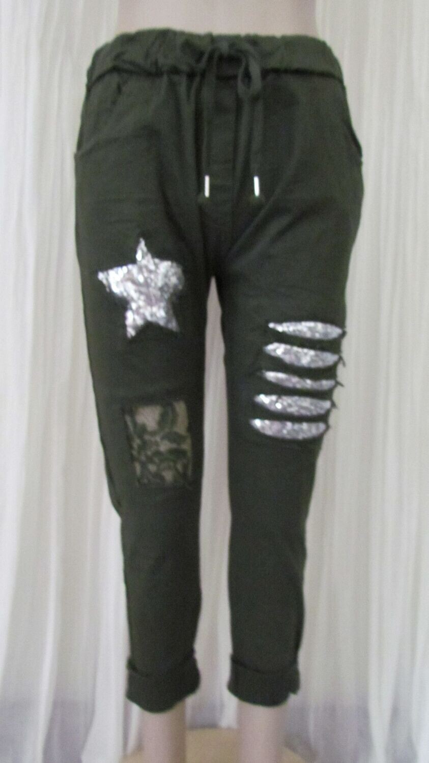 Khaki Stretch Star Sequin Pants