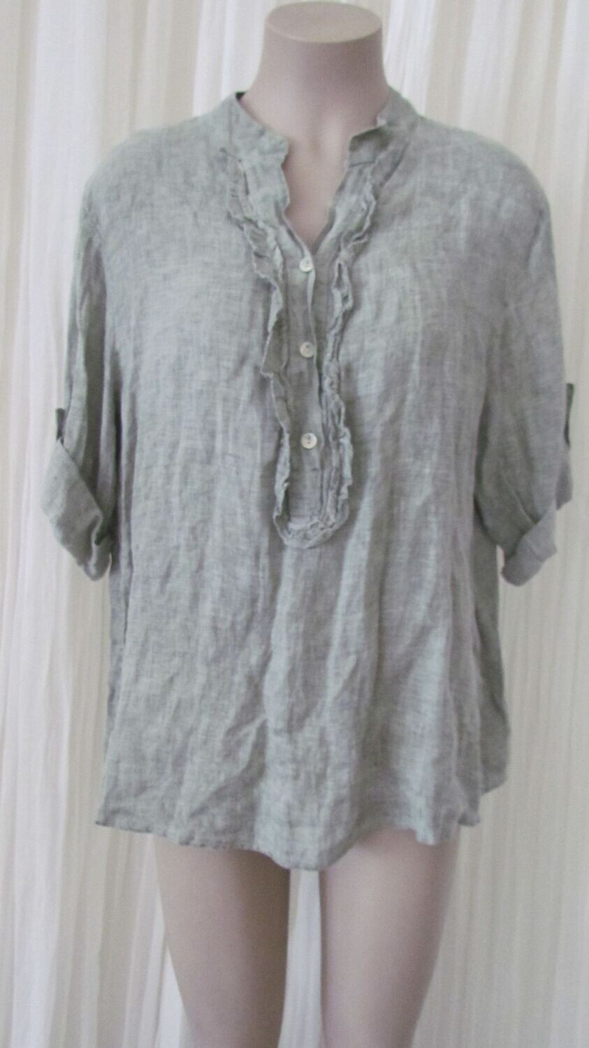 Khaki Linen Ruffle Button Top