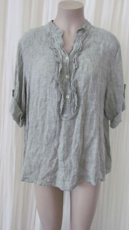 Khaki Linen Ruffle Button Top Khaki Linen Ruffle Button Top