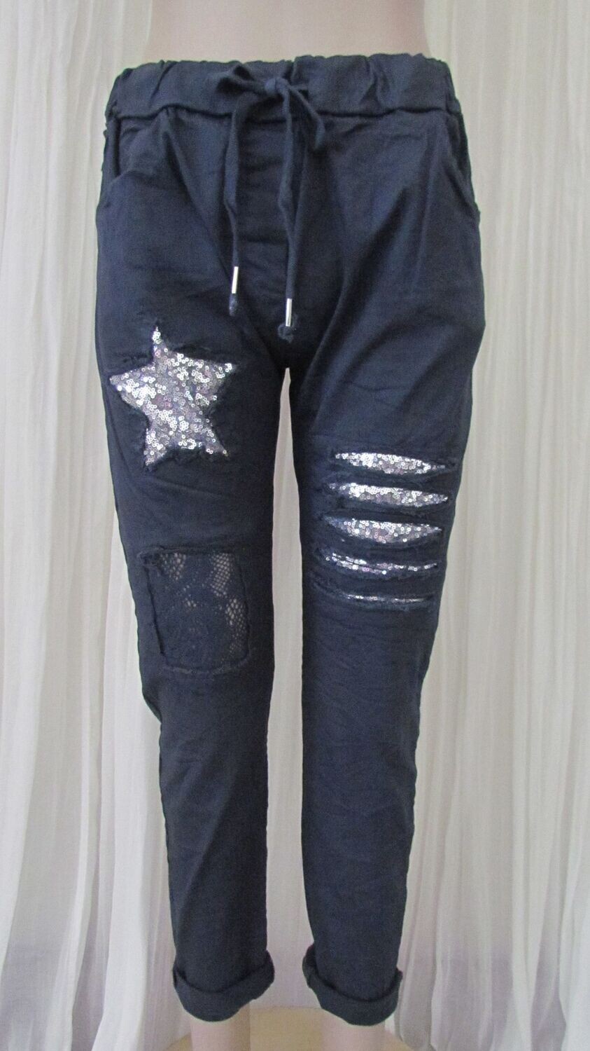 Navy Stretch Star Sequin Pants