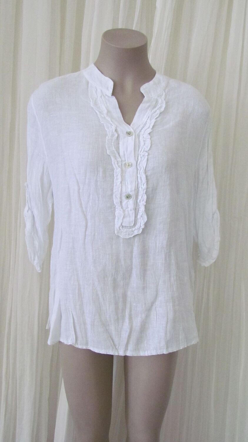 White Linen Ruffle Button Top