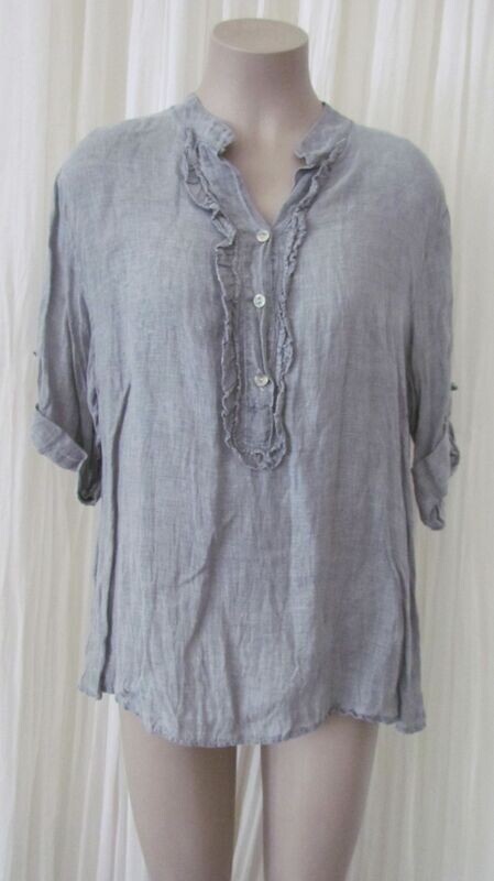 Charcoal Linen Ruffle Button Top Charcoal Linen Ruffle Button Top