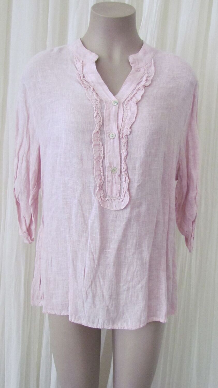 Pink Linen Ruffle Button Top